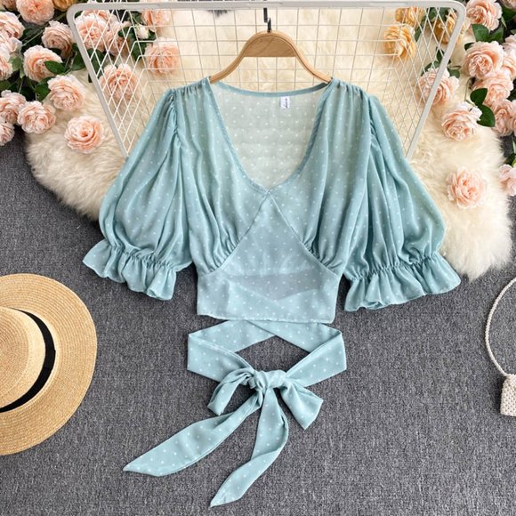 Sexy Polka Dot Chiffon Elegant Flare Sleeve Short Tops And Skirt - Picture 8 of 9